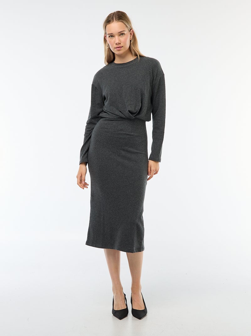 Robe unie coupe midi unie à manches longues Gris - Kiabi