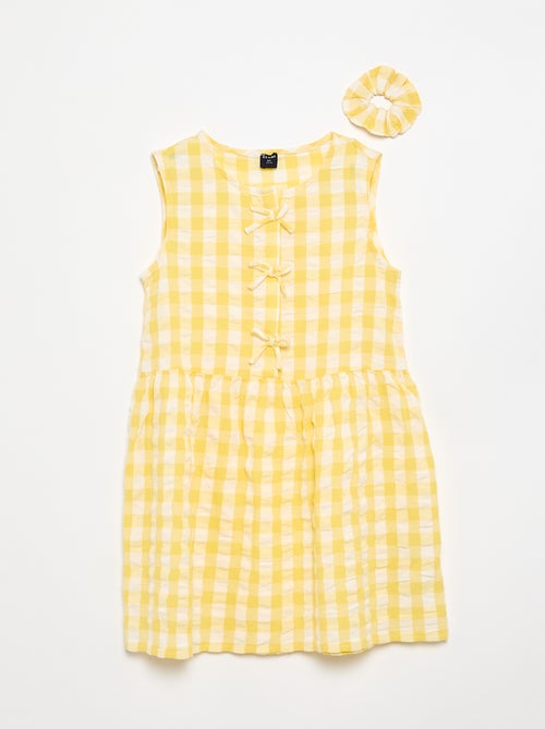 Robe vichy à manches courtes avec nœud + chouchou - Kiabi