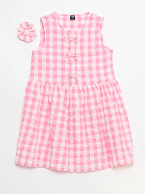 Robe vichy à manches courtes avec nœud + chouchou - Kiabi