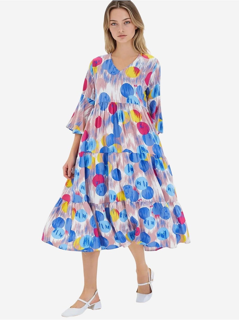 Rode koningsblauwe viscose jurk met korte mouwen en patroon bdart Blauw - Kiabi