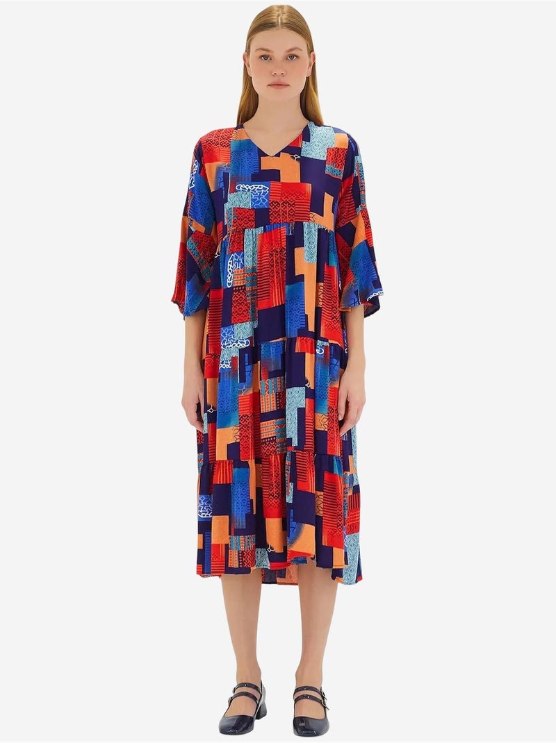 Rode koningsblauwe viscose jurk met korte mouwen en patroon bdart Rood - Kiabi