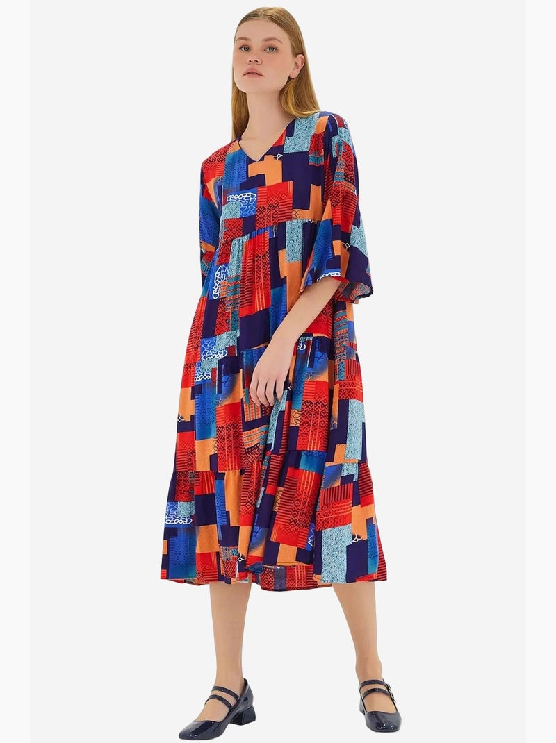 Rode koningsblauwe viscose jurk met korte mouwen en patroon bdart Rood - Kiabi