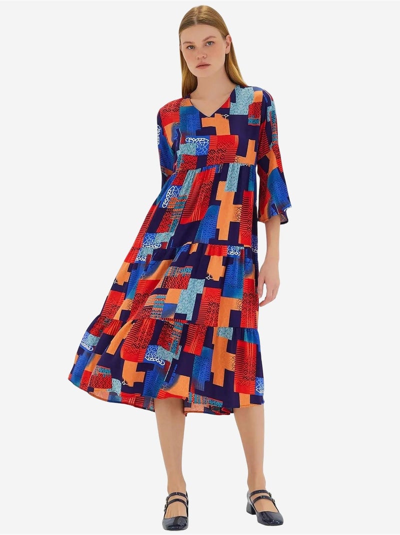 Rode koningsblauwe viscose jurk met korte mouwen en patroon bdart Rood - Kiabi