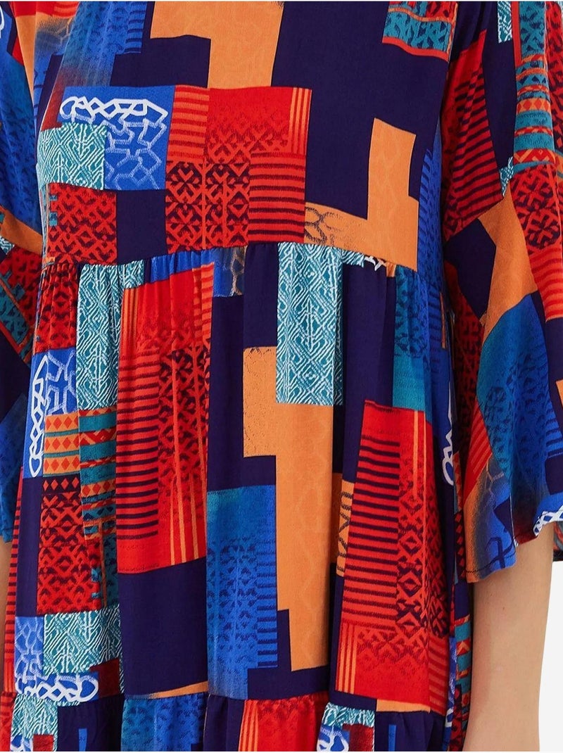 Rode koningsblauwe viscose jurk met korte mouwen en patroon bdart Rood - Kiabi