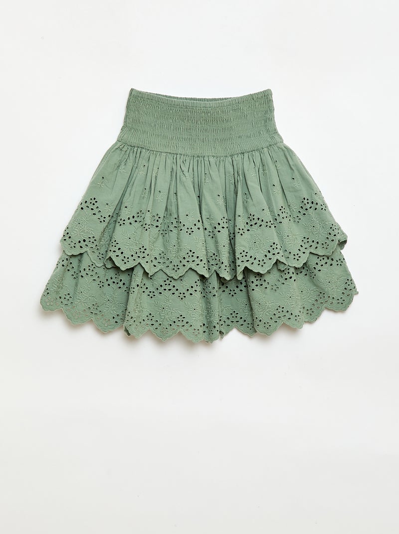 Rok met ruches en broderie anglaise Groen - Kiabi