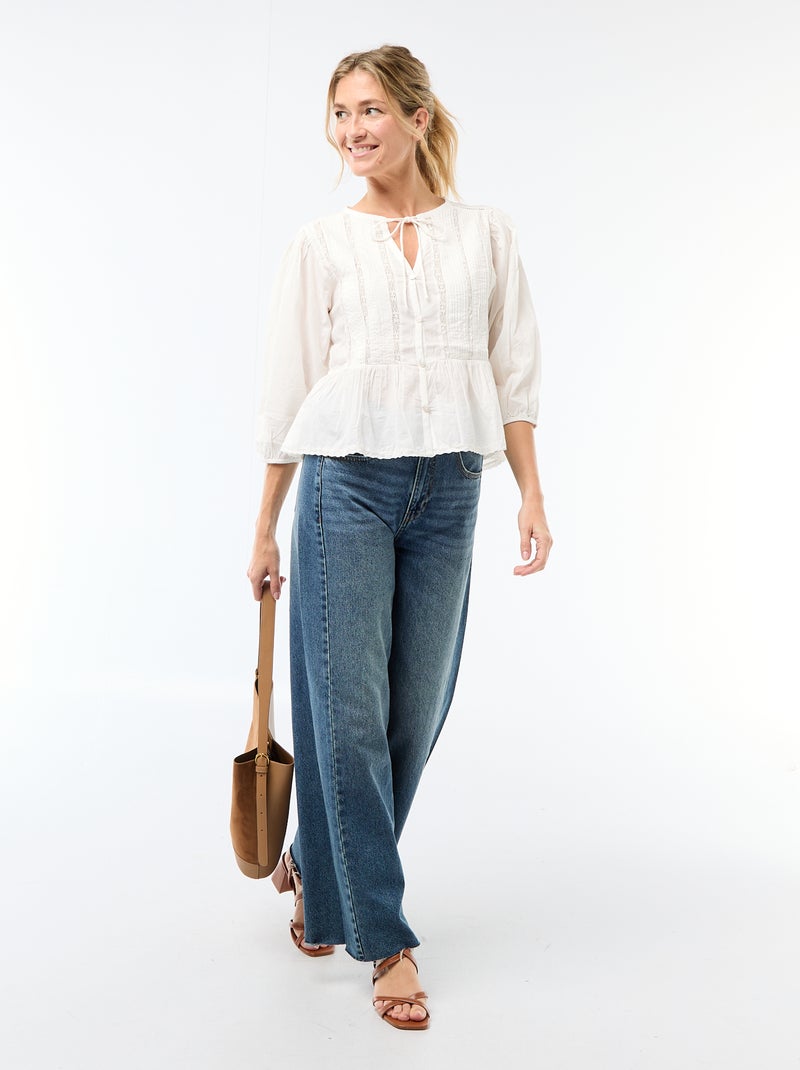 Romantische blouse met strikbandjes in de hals Biege - Kiabi