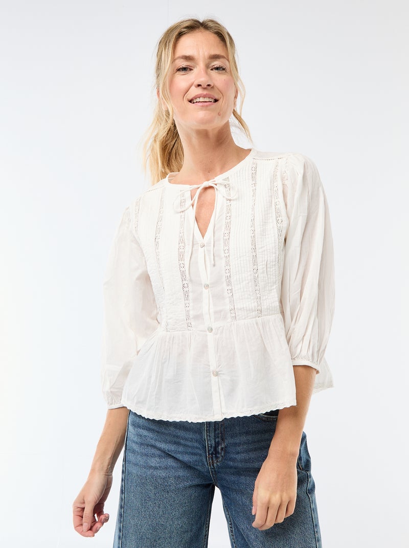 Romantische blouse met strikbandjes in de hals Biege - Kiabi