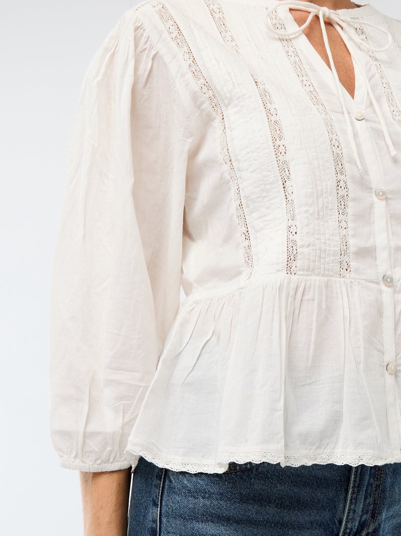 Romantische blouse met strikbandjes in de hals Biege - Kiabi