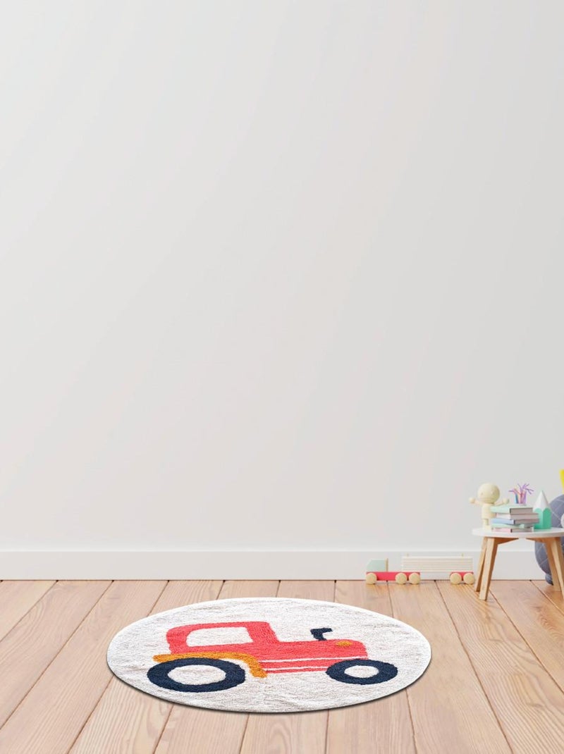 Rond kindertapijt getuft katoen 'Tractor' 80 x 80 cm d_80 cm – Future Home Wit - Kiabi