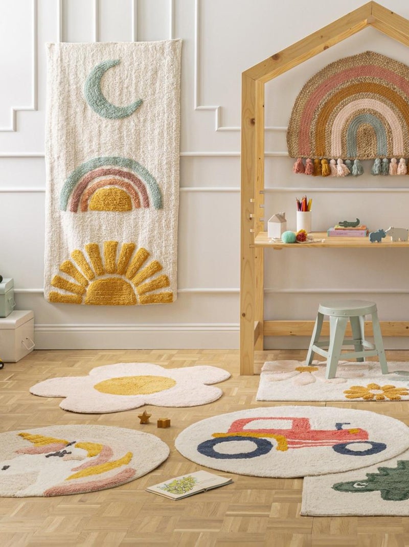 Rond kindertapijt getuft katoen 'Tractor' 80 x 80 cm d_80 cm – Future Home Wit - Kiabi