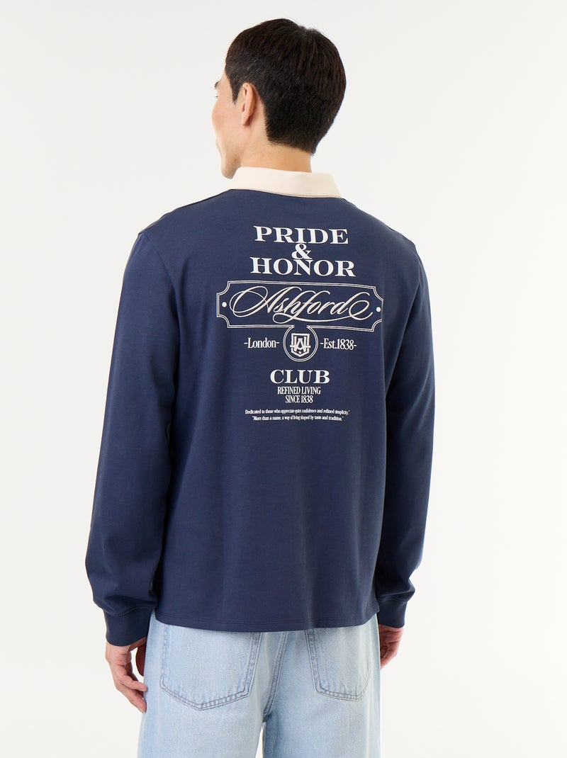 Rugbypolo met geborduurde opschriften Blauw - Kiabi