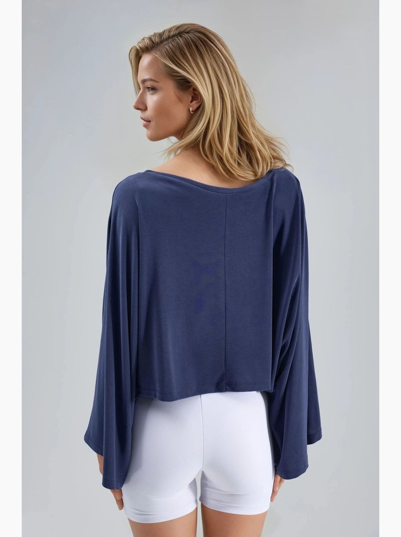 Ruimvallende blouse met boothals busem Marineblauw - Kiabi