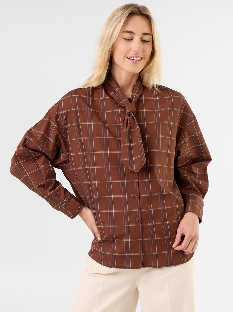 Ruimvallende blouse met lange mouwen en lavallièrekraag Bruin - Kiabi