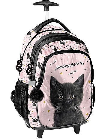 Sac à dos à roulettes Chat Noir Princesse 48 cm poignée télescopique réfléchissants