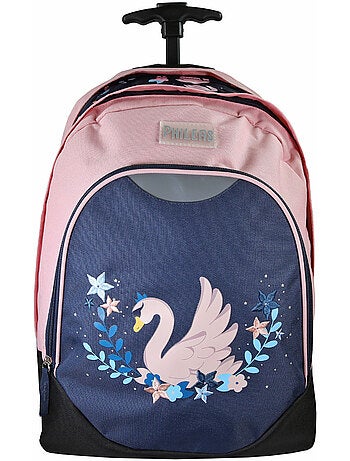 Sac à dos à roulettes fille Phileas Cygne bleu et rose 2 compartiments