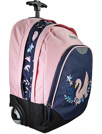 Sac à dos à roulettes fille Phileas Cygne bleu et rose 2 compartiments