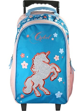 Sac à dos scolaire à roulettes fille Cybel Licorne bleu et rose 2 compartiments