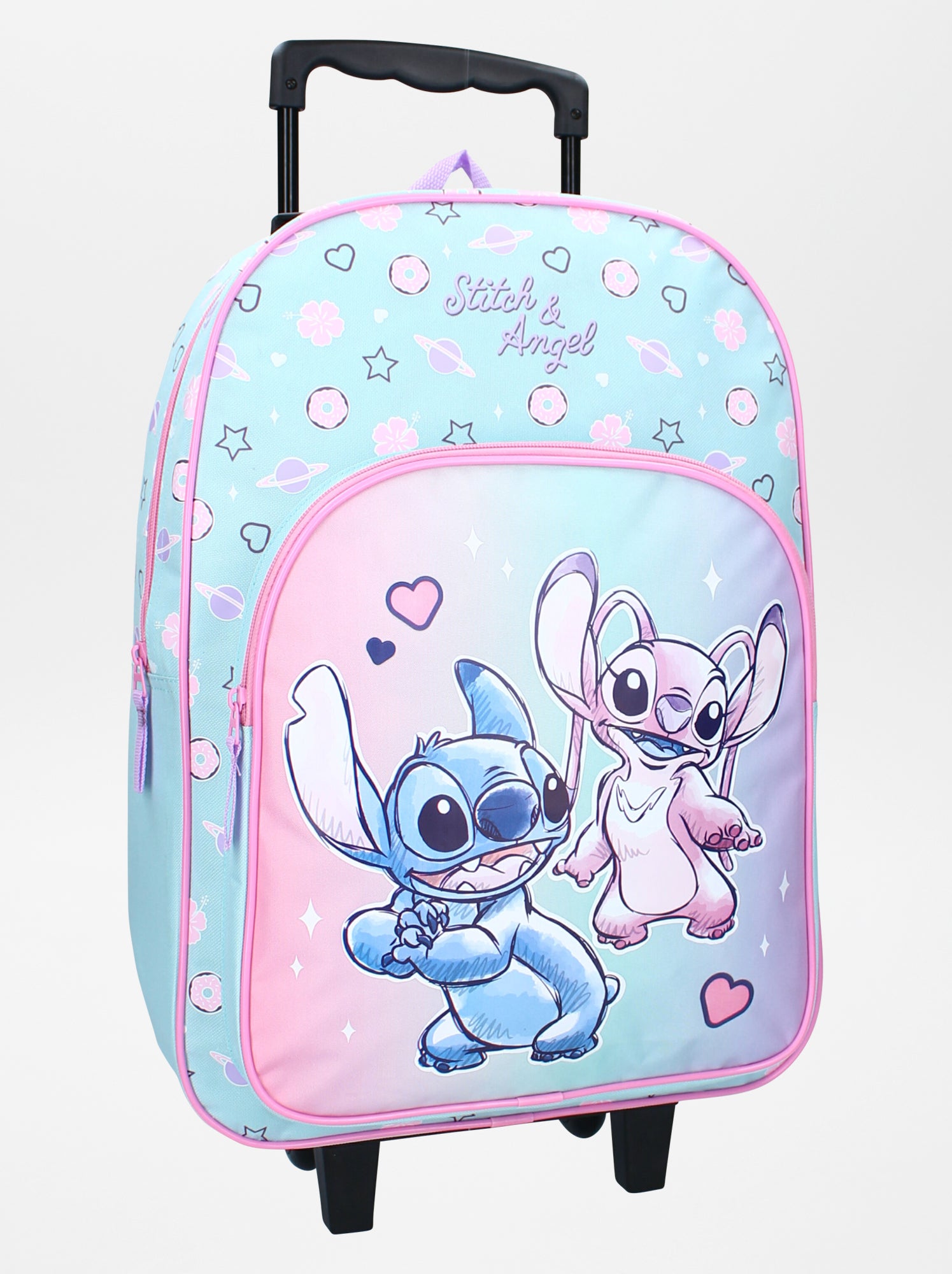 Sac à Dos à Roulettes Stitch Disney - Chariot Voyage Enfant Bleu Et Rose Avec Poignée Télescopique