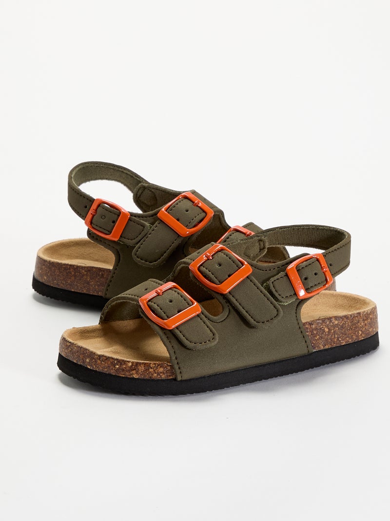 Sandalen met dubbele band en contrasterende gespen Kaki - Kiabi
