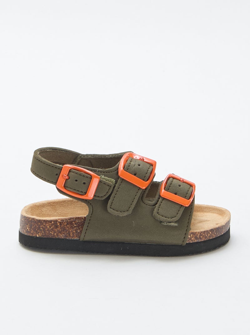 Sandalen met dubbele bandjes en contrasterende gespen Kaki - Kiabi