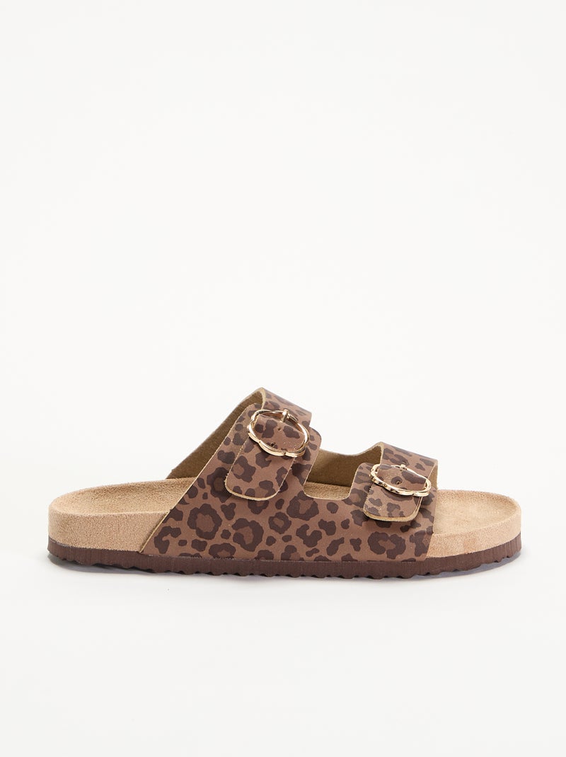 Sandalen met dubbele bandjes en leopardprint Bruin - Kiabi