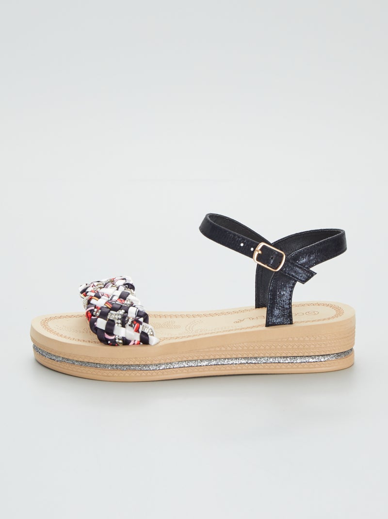 Sandales compensées avec bride tressée et strass noir - Kiabi