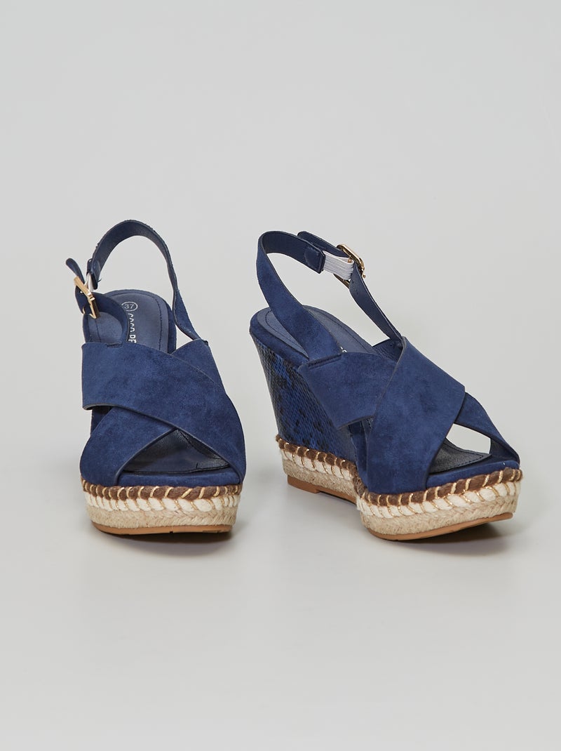 Sandales compensées bi-matières bleu navy - Kiabi