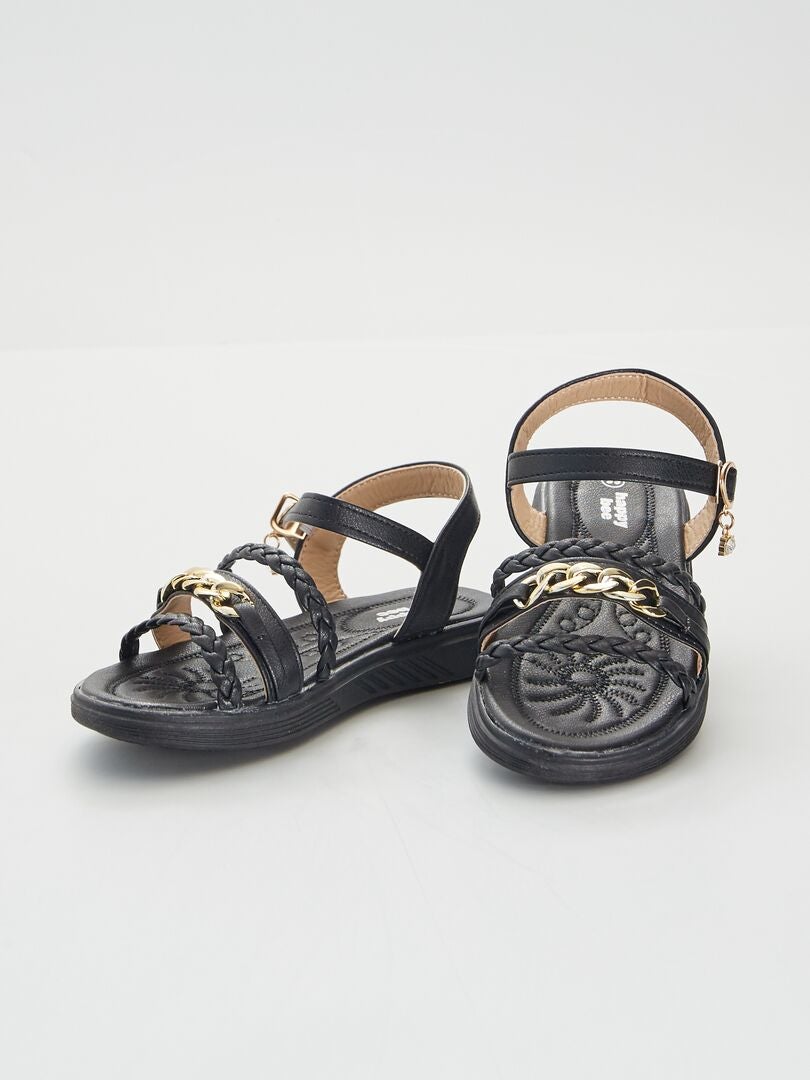 Sandales plates avec chaines dorées noir - Kiabi