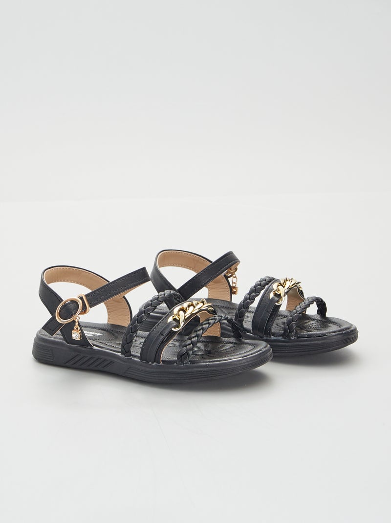 Sandales plates avec chaines dorées noir - Kiabi