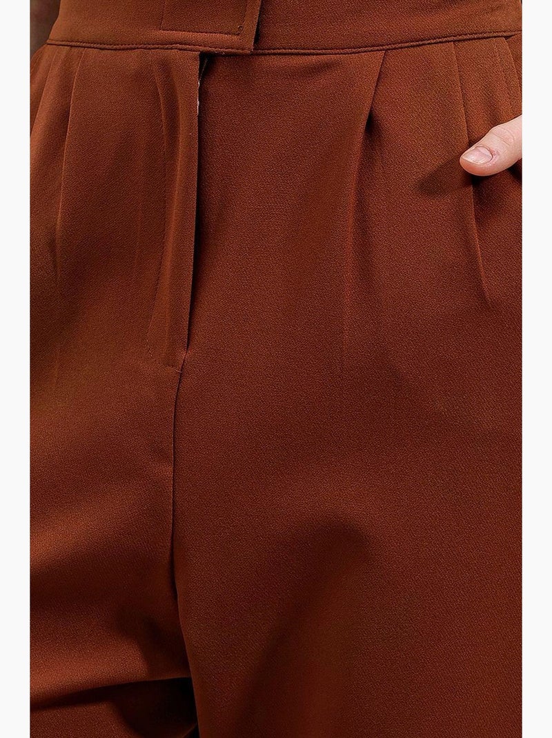 Satijnen broek met hoge taille en wijde pijpen en plooien bdart Chocoladebruin - Kiabi