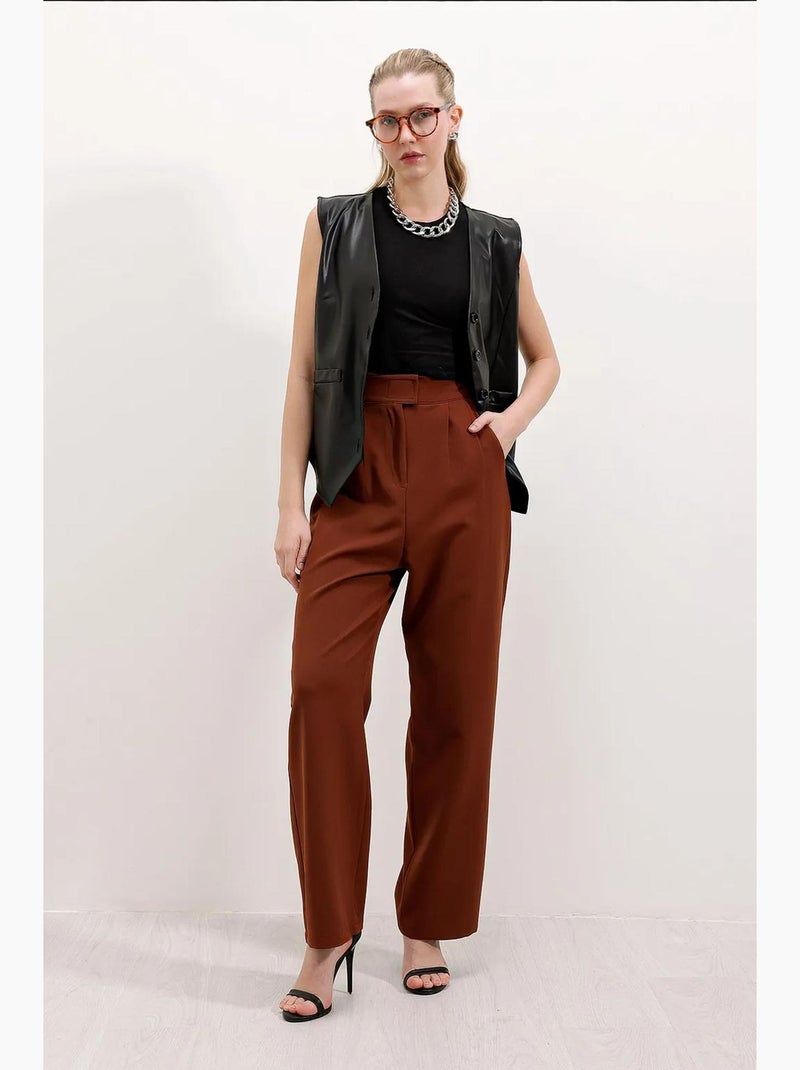 Satijnen broek met hoge taille en wijde pijpen en plooien bdart Chocoladebruin - Kiabi