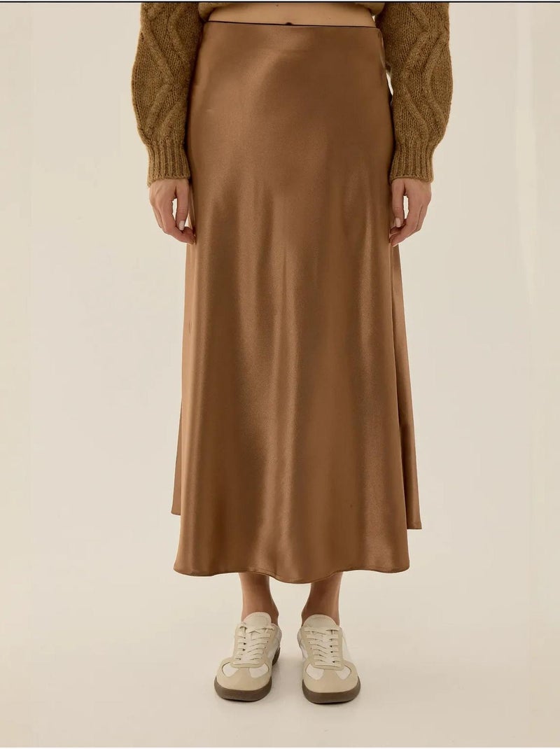 Satijnen midi-rok met hoge taille hiccup Bruin - Kiabi