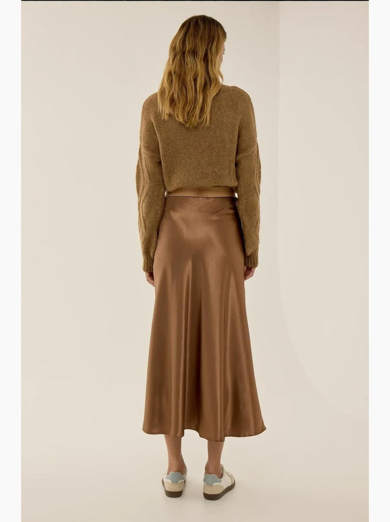 Satijnen midi-rok met hoge taille hiccup Bruin - Kiabi