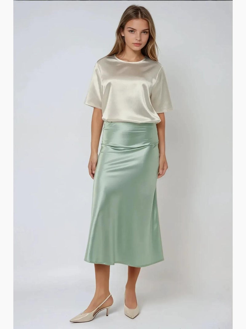 Satijnen midi-rok met hoge taille hiccup Muntgroen - Kiabi