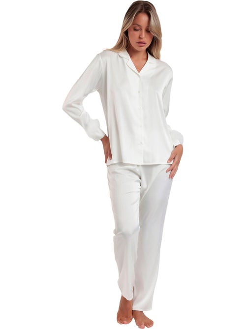 Satijnen pyjama met afneembaar overhemd en veren broek plumas marabu luxe - Kiabi Satijnen pyjama met afneembaar overhemd en veren broek plumas marabu luxe - Kiabi