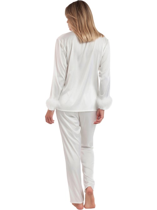 Satijnen pyjama met afneembaar overhemd en veren broek plumas marabu luxe - Kiabi Satijnen pyjama met afneembaar overhemd en veren broek plumas marabu luxe - Kiabi