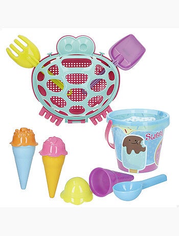 Seau de plage avec accessoires et crabe de plage coloré color beach