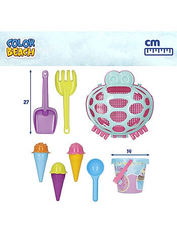 Seau de plage avec accessoires et crabe de plage coloré color beach