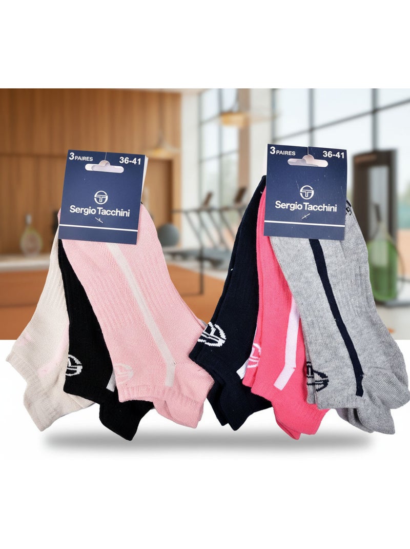 Sergio Tacchini Dames Korte Sokken Sneaker Set van 6 Roze Zwart Wit Grijs - Kiabi