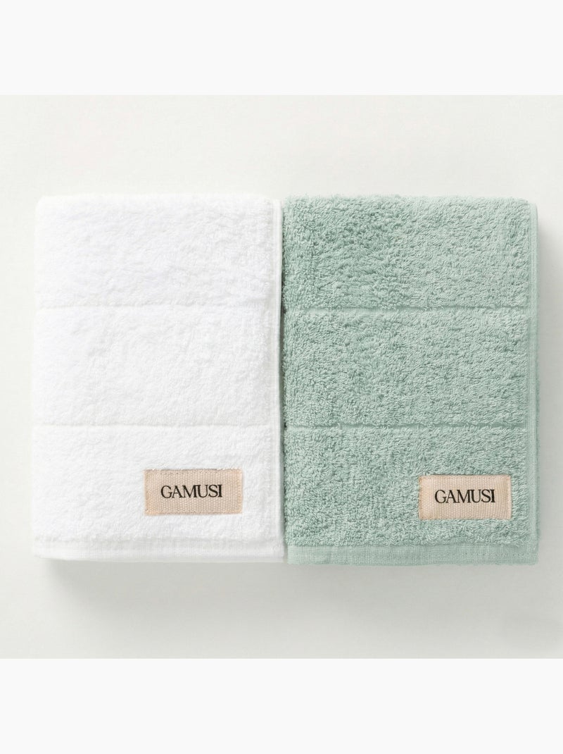 Set bad- en wastafelhanddoeken 100% katoen, 600 g/m², met ophanglus - Gamusi Wit/Watergroen - Kiabi