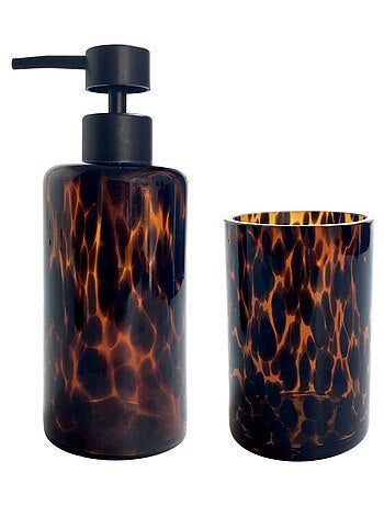 Set badkamer FAUVE van glas met luipaardprint – zeepdispenser en bekerhouder Guy Levasseur