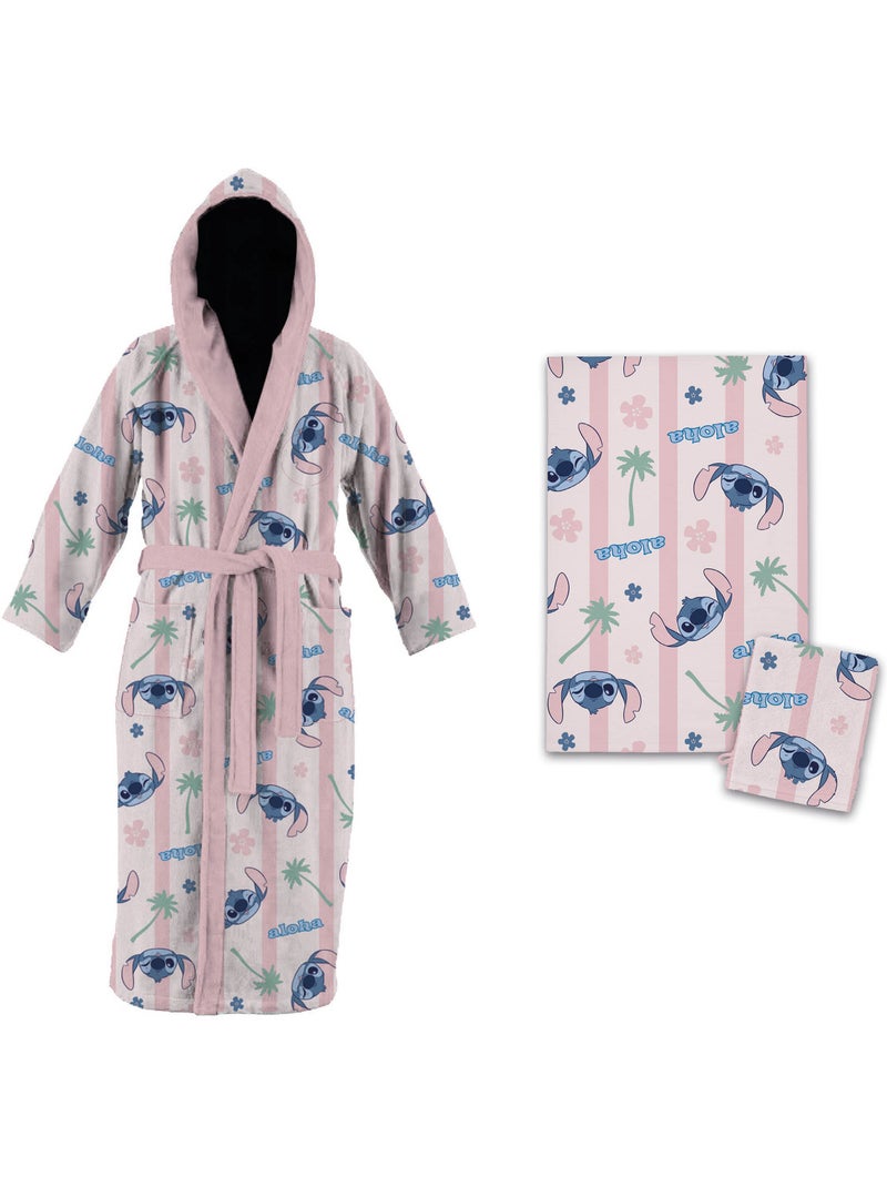 Set Bain Enfant Stitch Disney – Peignoir Capuche + Serviette 50x100 cm + Gant Toilette | Alo Blanc / Rose / Beige - Kiabi