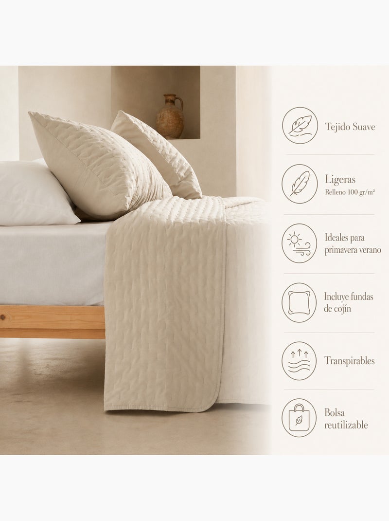 Set couvre-lit uni matelassé avec taie d’oreiller Beige - Kiabi