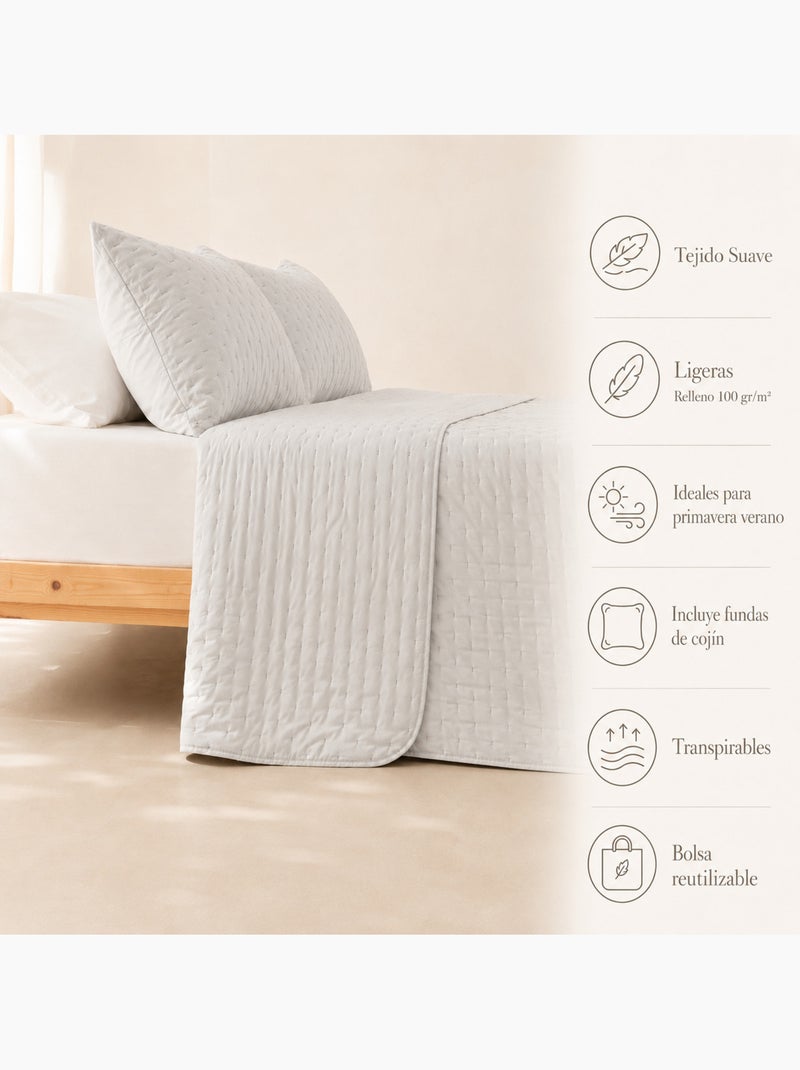 Set couvre-lit uni matelassé avec taie d’oreiller Gris clair - Kiabi