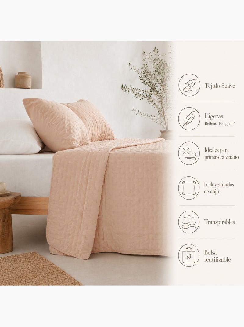 Set couvre-lit uni matelassé avec taie d’oreiller Taupe - Kiabi