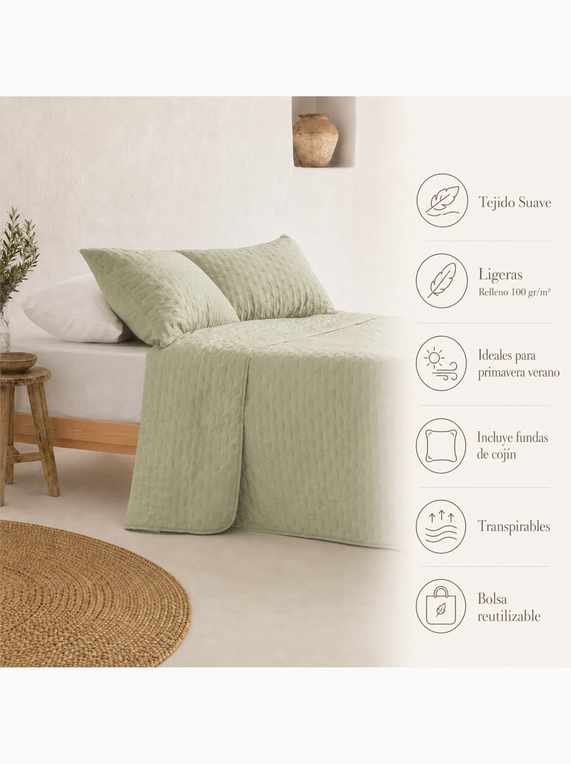 Set couvre-lit uni matelassé avec taie d’oreiller Vert - Kiabi