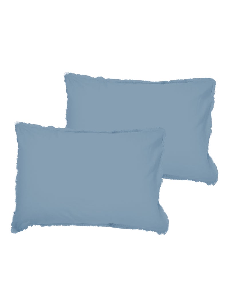 Set de 2 taies d'oreiller unies à franges, coton lavé Bleu clair - Kiabi