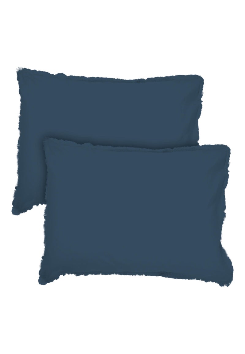 Set de 2 taies d'oreiller unies à franges, coton lavé Bleu nuit - Kiabi