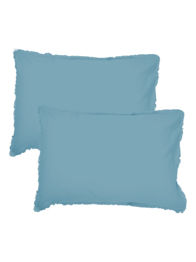 Set de 2 taies d'oreiller unies à franges, coton lavé Bleu polaire - Kiabi