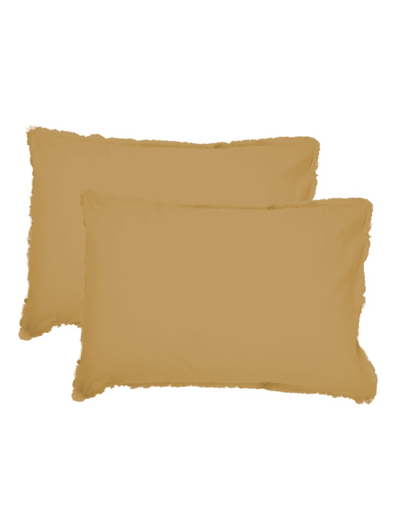 Set de 2 taies d'oreiller unies à franges, coton lavé Miel - Kiabi